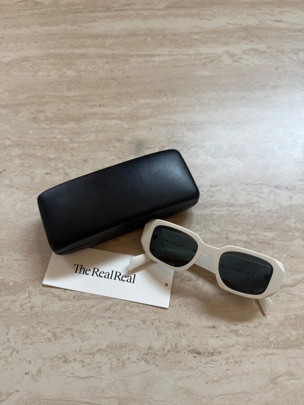 Prada White Rectangular Sunglasses with Black Lenses and Logo Detail
